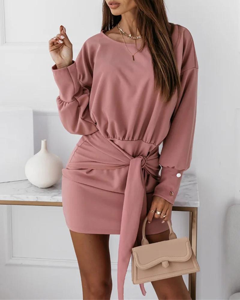 

Lantern Sleeve Knot Front Buttoned Bodycon Dress, Pink