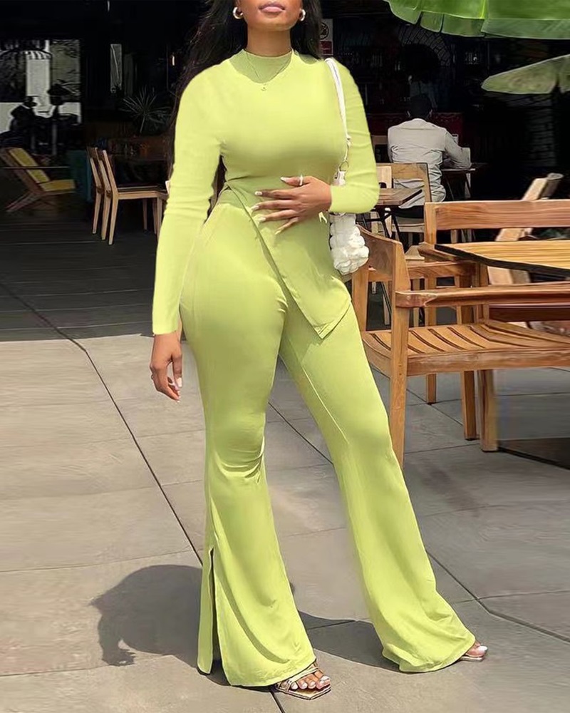 

Asymmetrical Hem Side Slit Top & Flared Leg Pants Set, Yellow