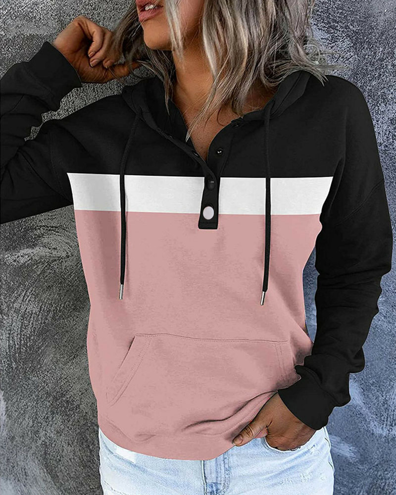 

Striped Print Colorblock Button Pocket Design Hooded Top, Pink