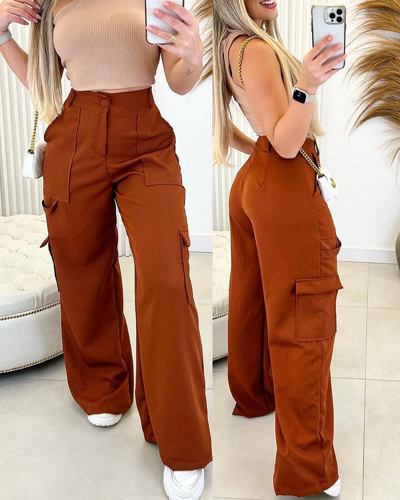 

Pocket Design Wide Leg Cargo Pants, Dark brown
