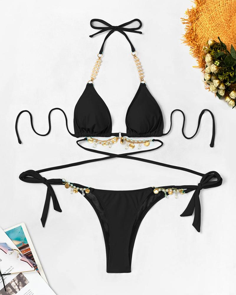 

Pearls Rhinestone Strap Tied Detail Bikini Set, Black