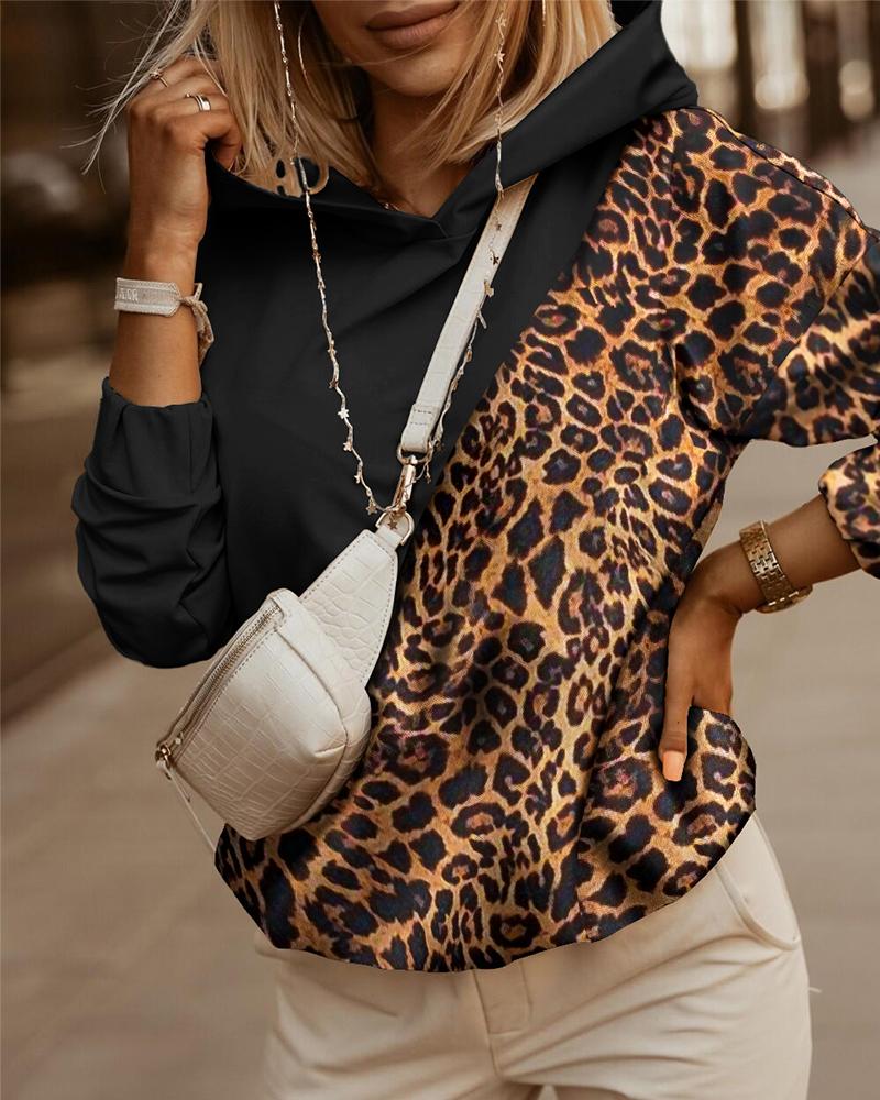 

Leopard Print Colorblock Long Sleeve Hoodie