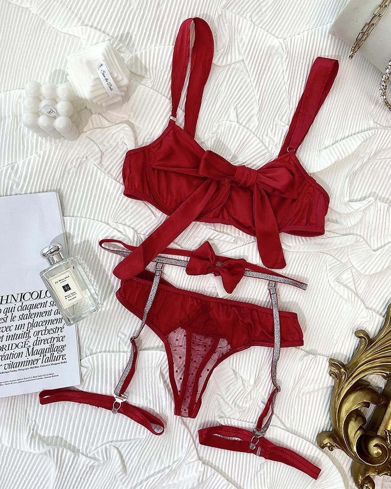 

Knotted Front Satin Rhinestone Garter Lingerie Set, Red