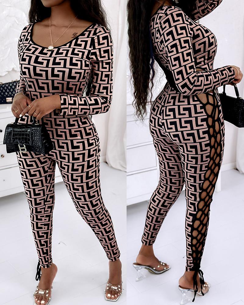 

Geometric Print Lace-up Long Sleeve Jumpsuit, Khaki