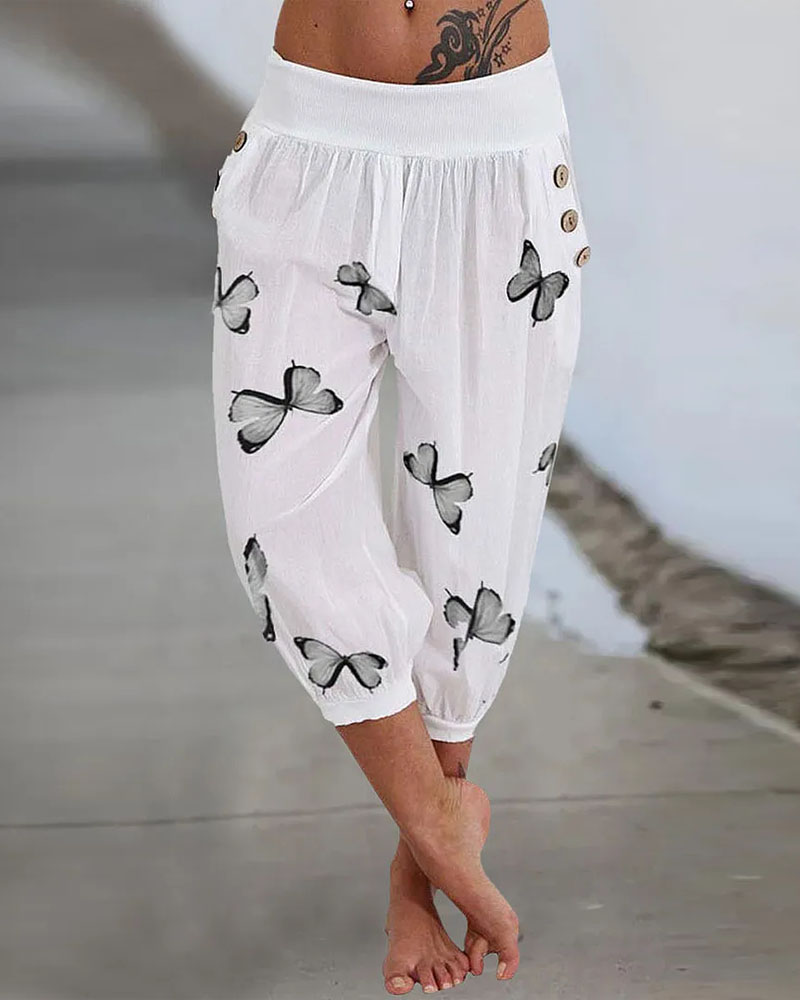 

Butterfly Print Low Waist Capris Pants, White