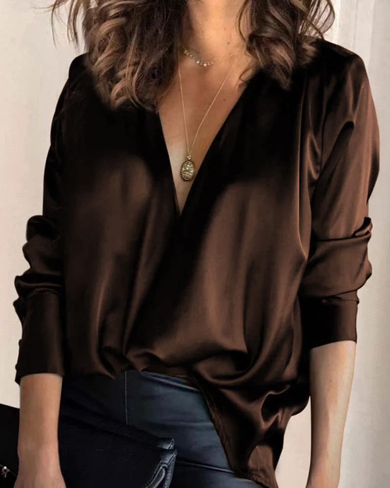 

Satin V-Neck Long Sleeve Top Plain Elegant Work Blouse, Coffee