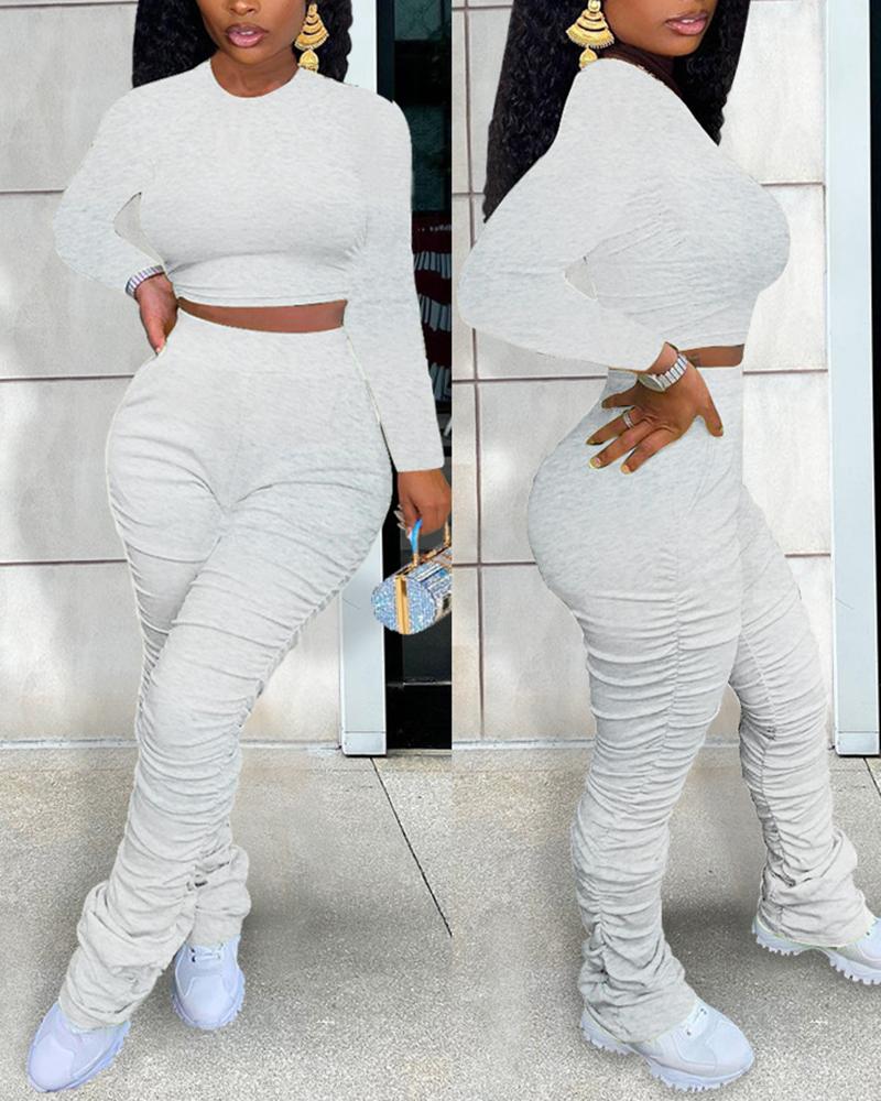 

Round Neck Crop Top & Ruched High Waist Pants Set, Gray