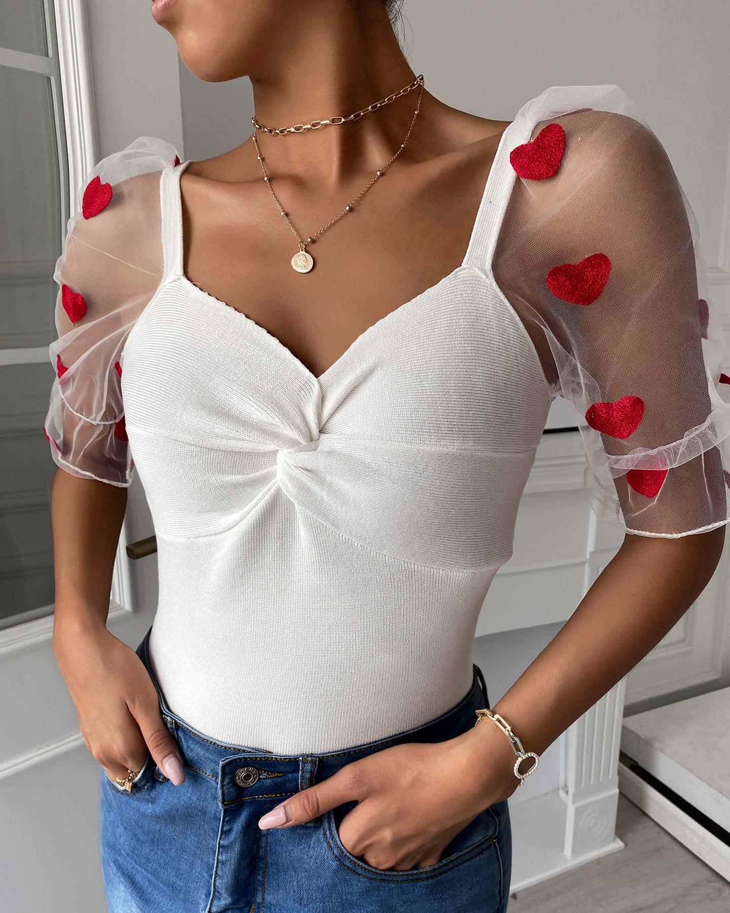 

Sheer Mesh Heart Embroidery Puff Sleeve Twisted Top, White