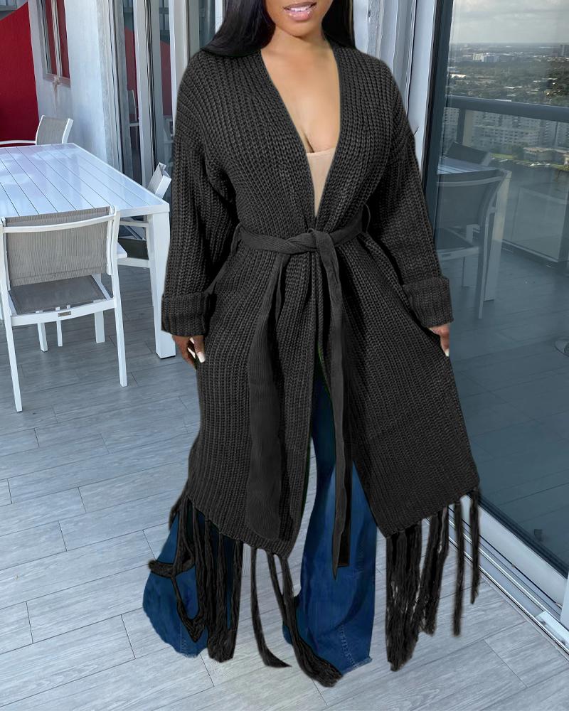 

Tassel Trim Open Front Chunky Knit Longline Cardigan, Black