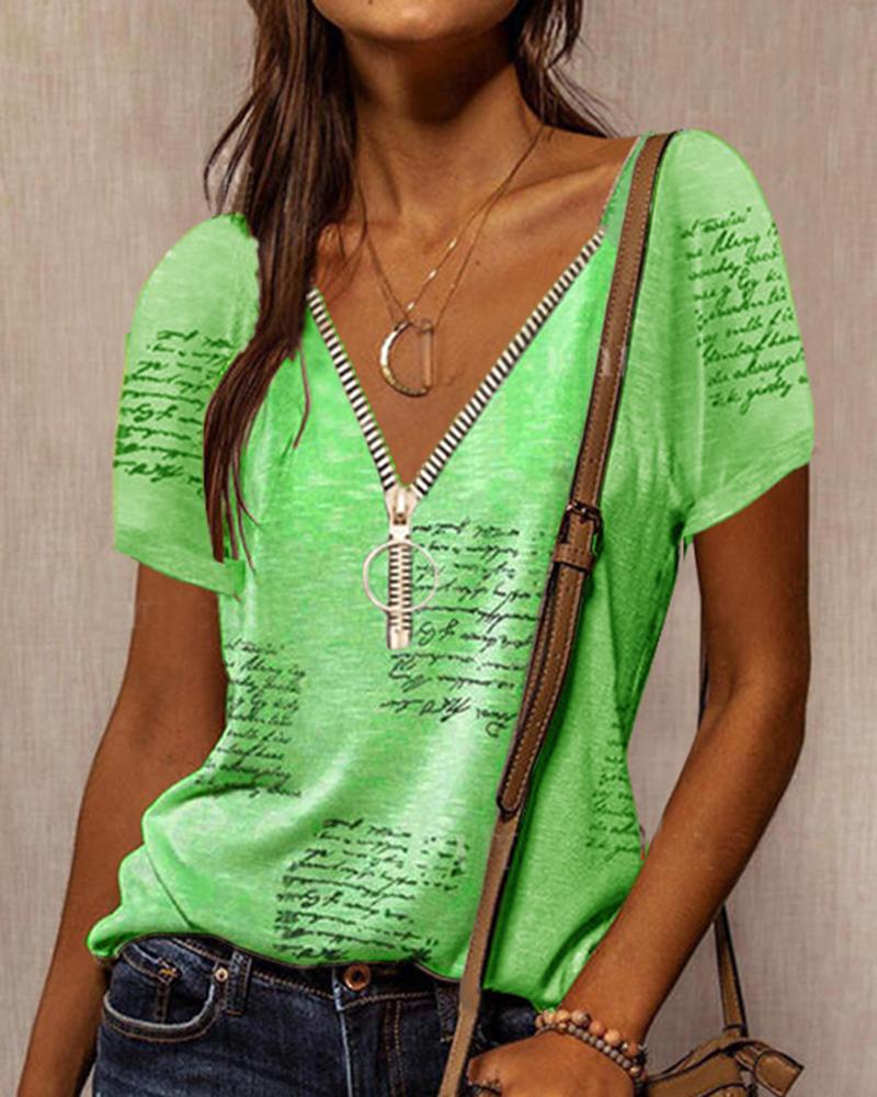 

Letter Print Zipper Front T-shirt, Green