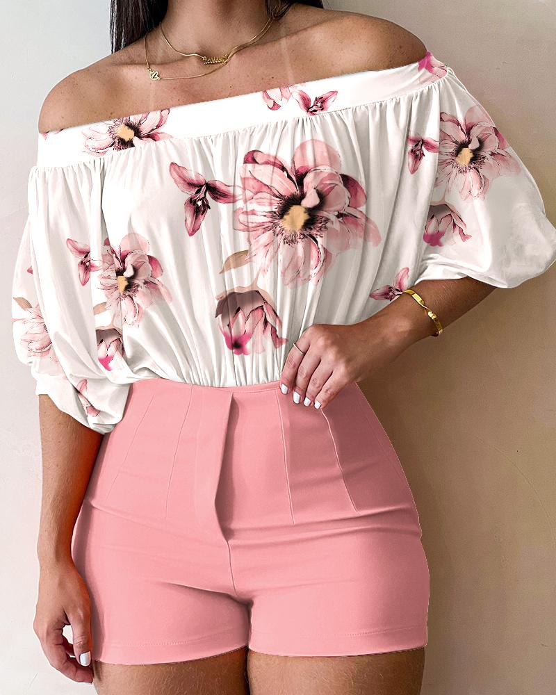 

Floral Print Ruched Off Shoulder Top & Shorts Set, Pink