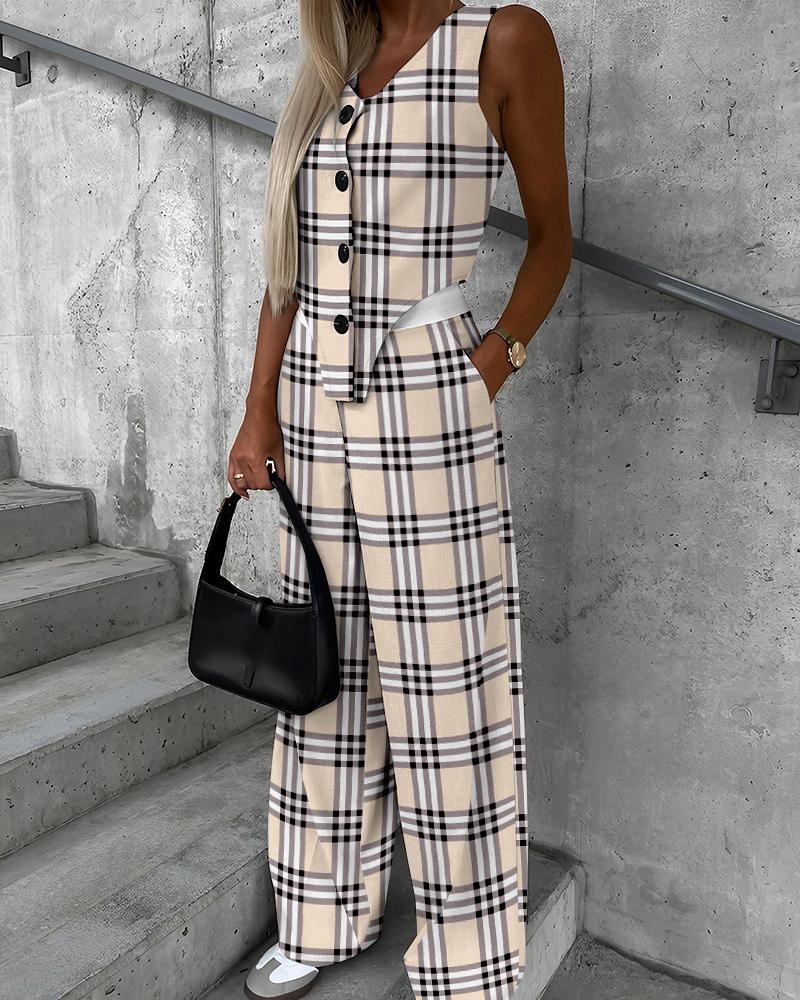 Plaid Print Asymmetrical Vest Top & Wide Leg Pants Set