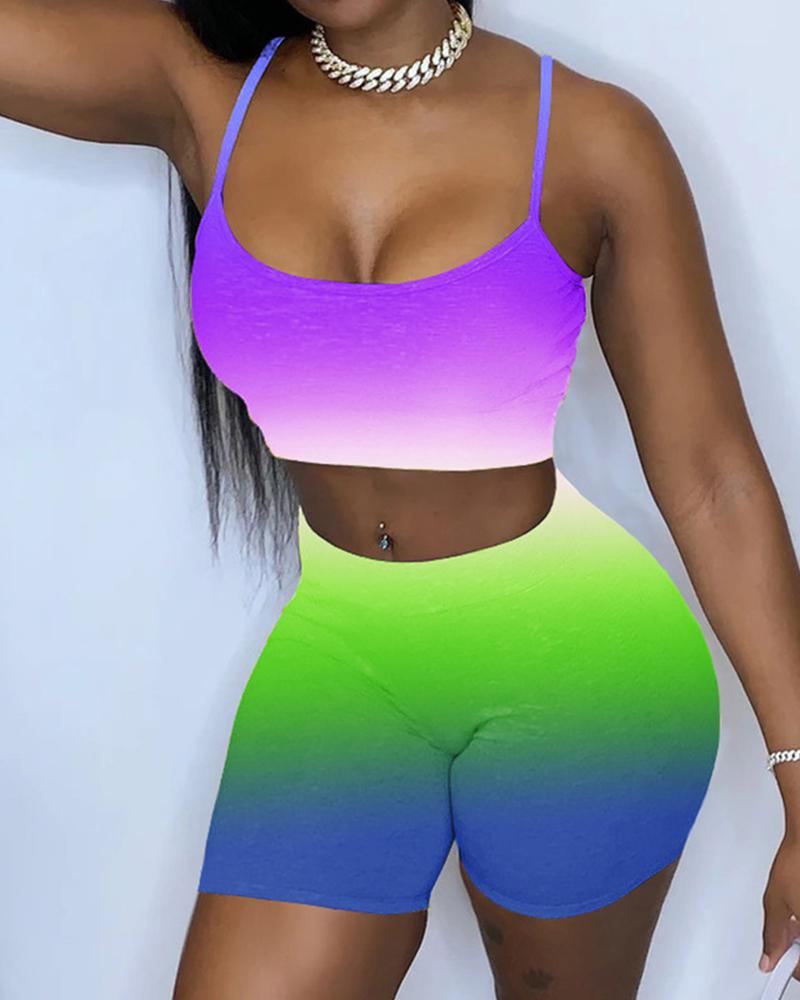 

Tie Dye Sleeveless Skinny Tanks With Mini Skirts Suit Sets, Purple