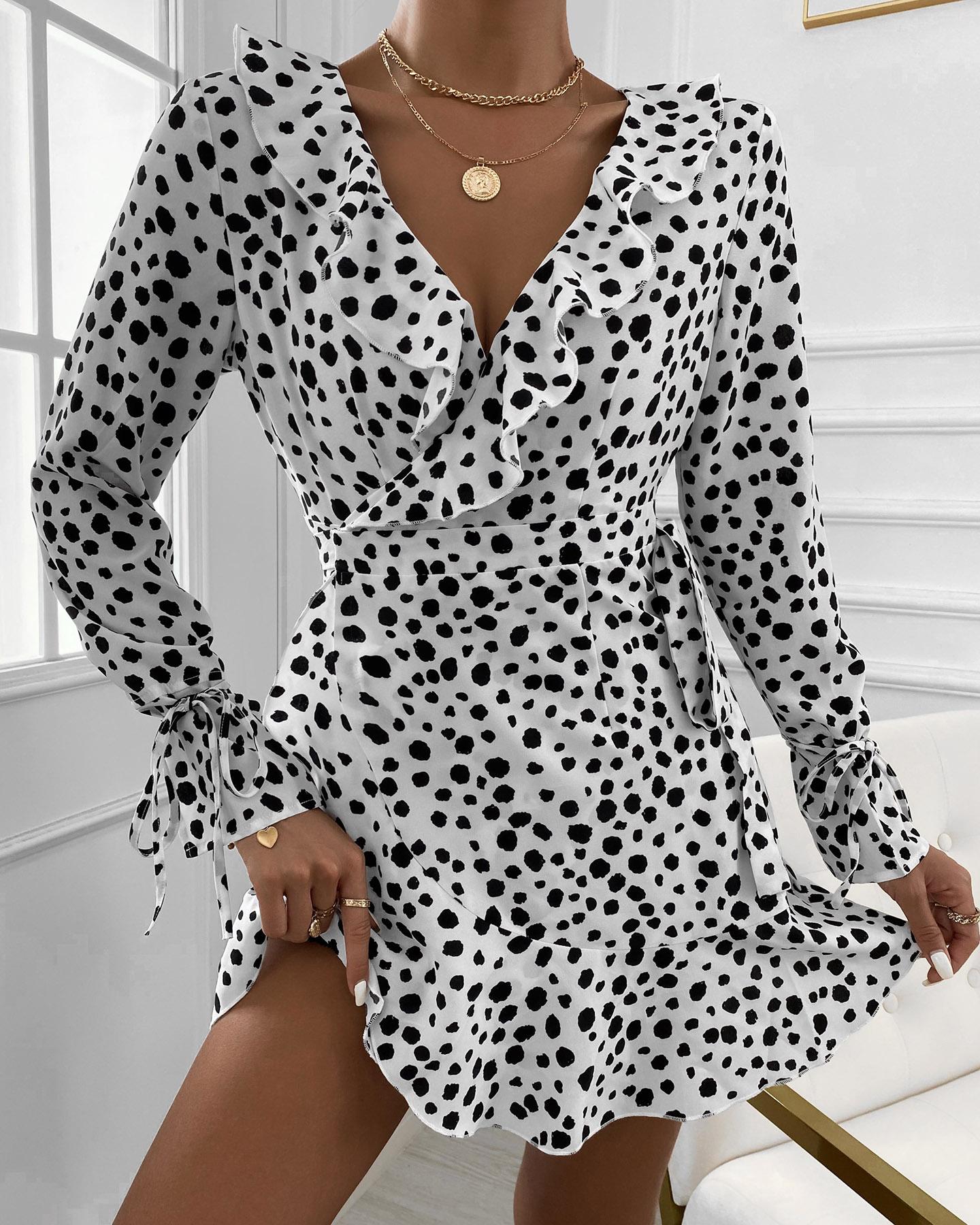 

Polka Dot Print V Neck Ruffle Hem Lace Up Dress, White