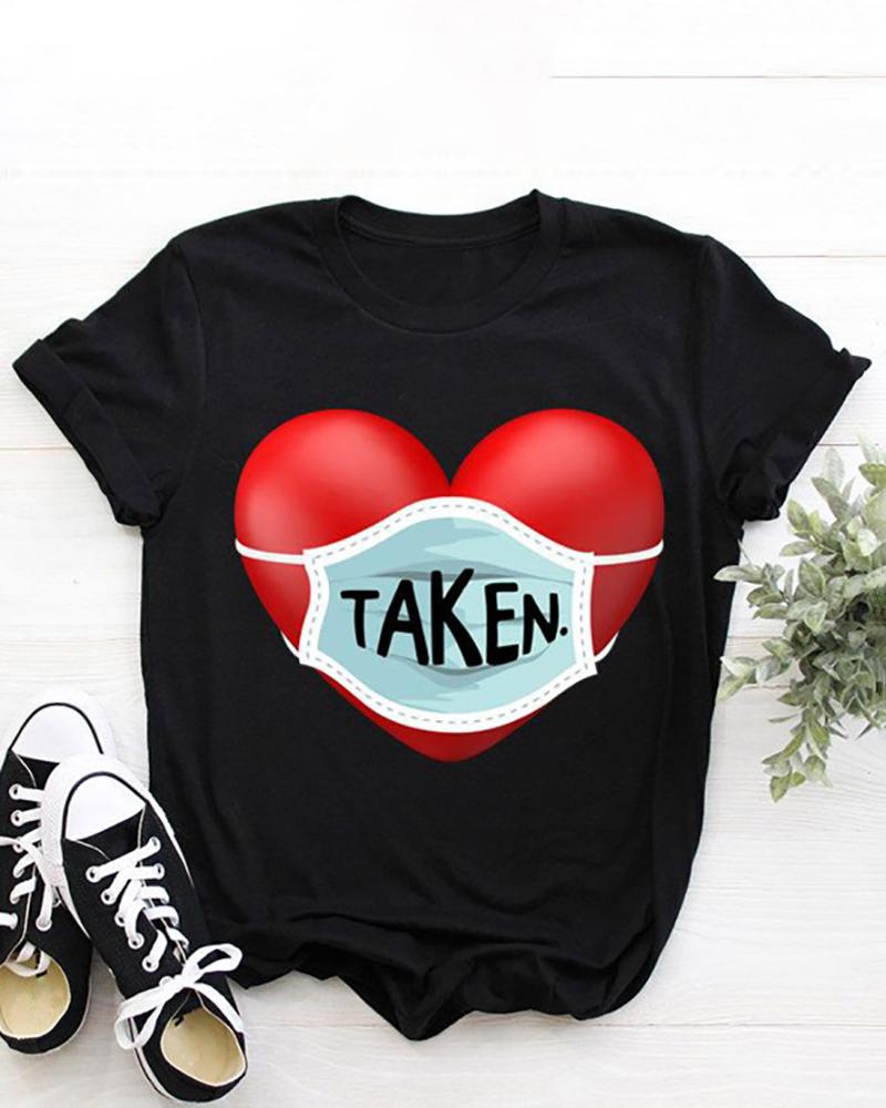 

Valentine's Day Short Sleeve Mask Heart Letter Print T-shirt, Style1