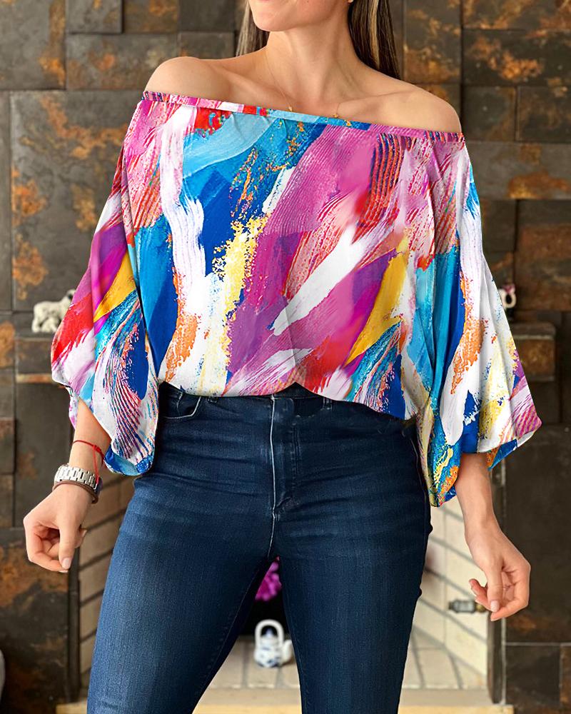 

Abstract Print Off Shoulder Lantern Sleeve Top, Multicolor