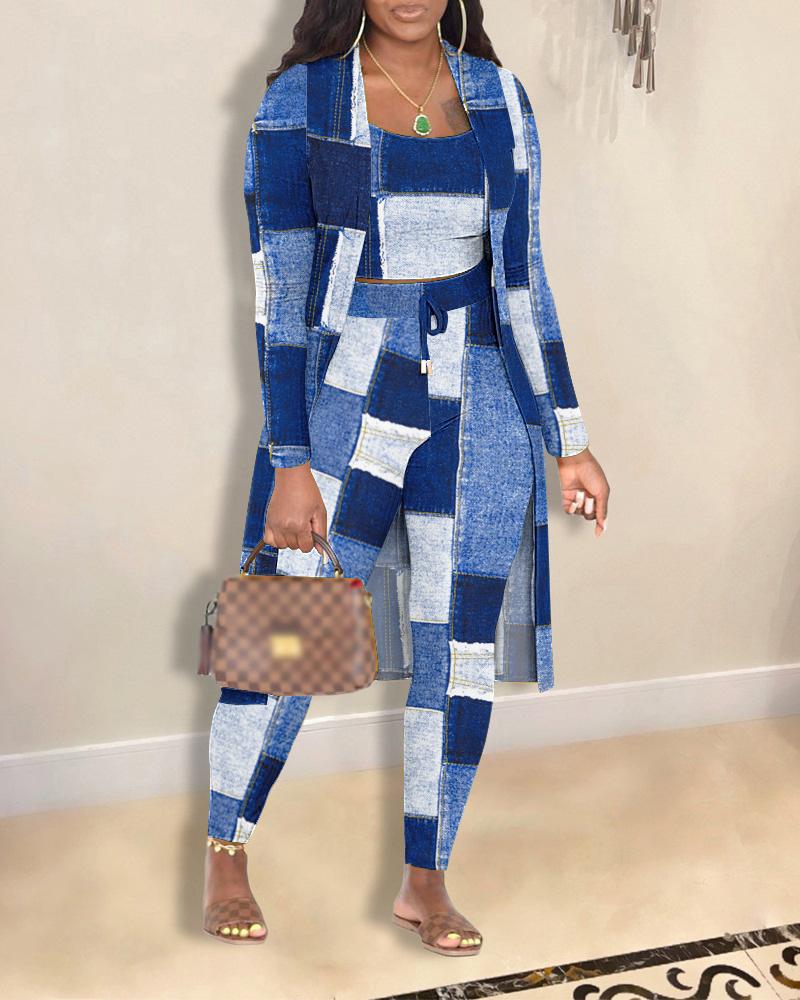 

3PCS Denim Look Print Cami Top & Pants Set With Longline Coat, Blue