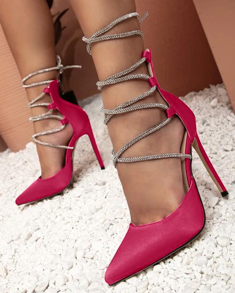 

Rhinestone Strappy Stiletto Heel Pumps, Hot pink