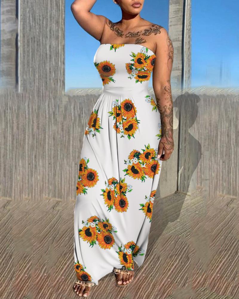 

Off Shoulder Sunflower Print Maxi Dress, White