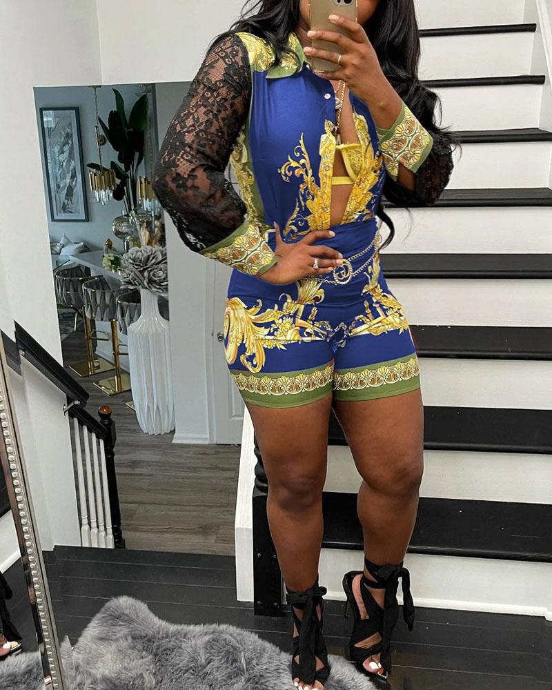 

Baroque Print Contrast Lace Button Down Shirt & Shorts Set, Blue