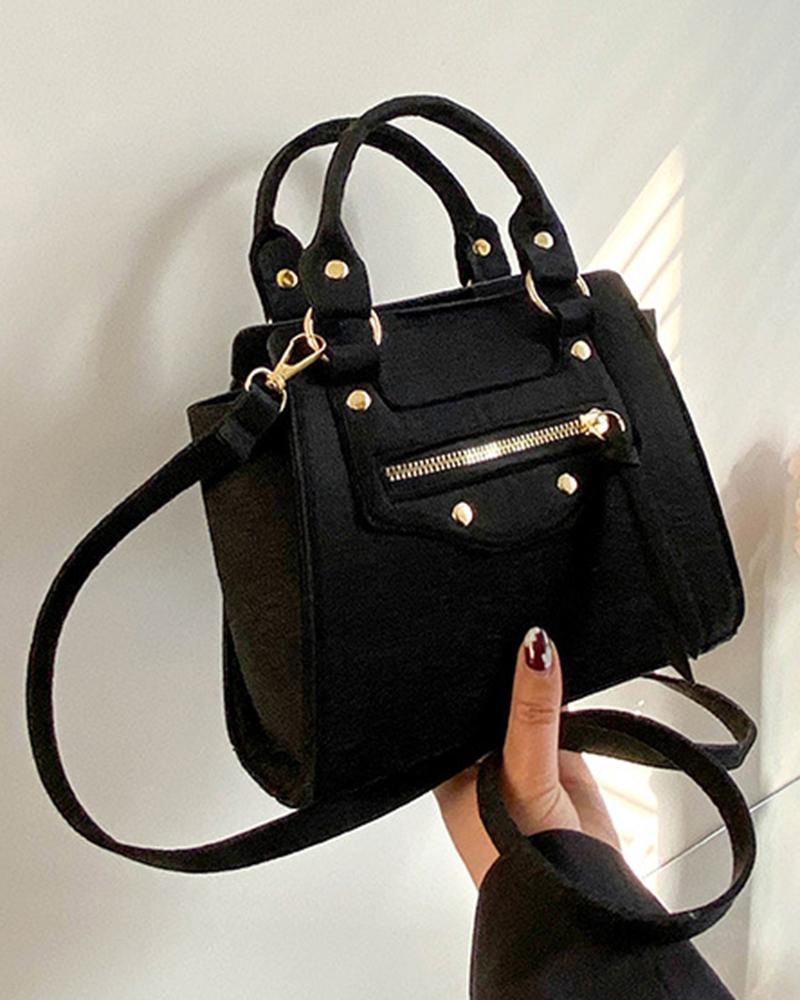 

Zipper Detail Magnet Felt Square Satchel Bag, Black