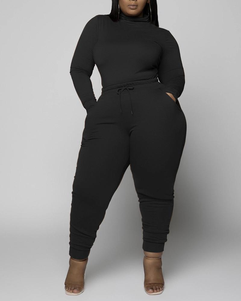 

Plus Size Long Sleeve High Neck Top & Pants Set, Black