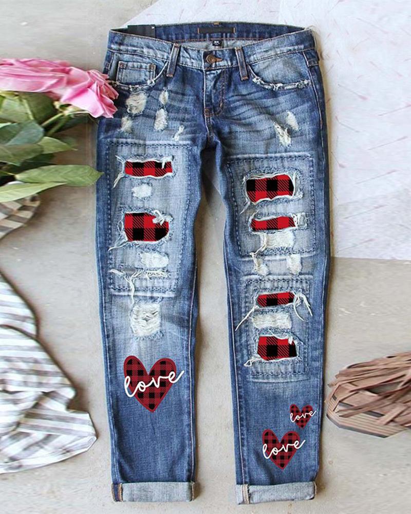 

Valentine' Day Contrast Plaid Print Ripped Jeans, Blue