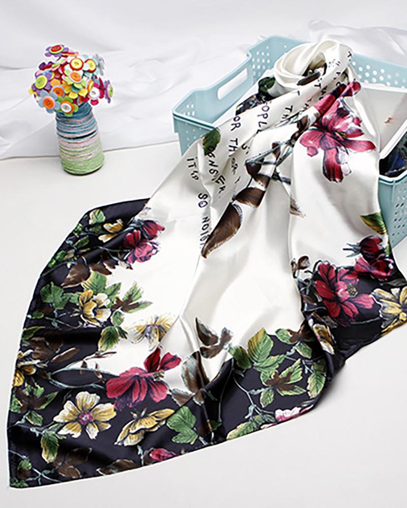 

Floral Letter Print Square Silk Scarf, Dark blue