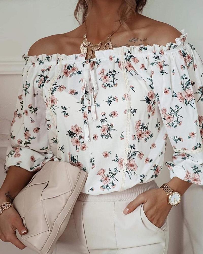 

Off Shoulder Floral Print Long Sleeve Blouse, White