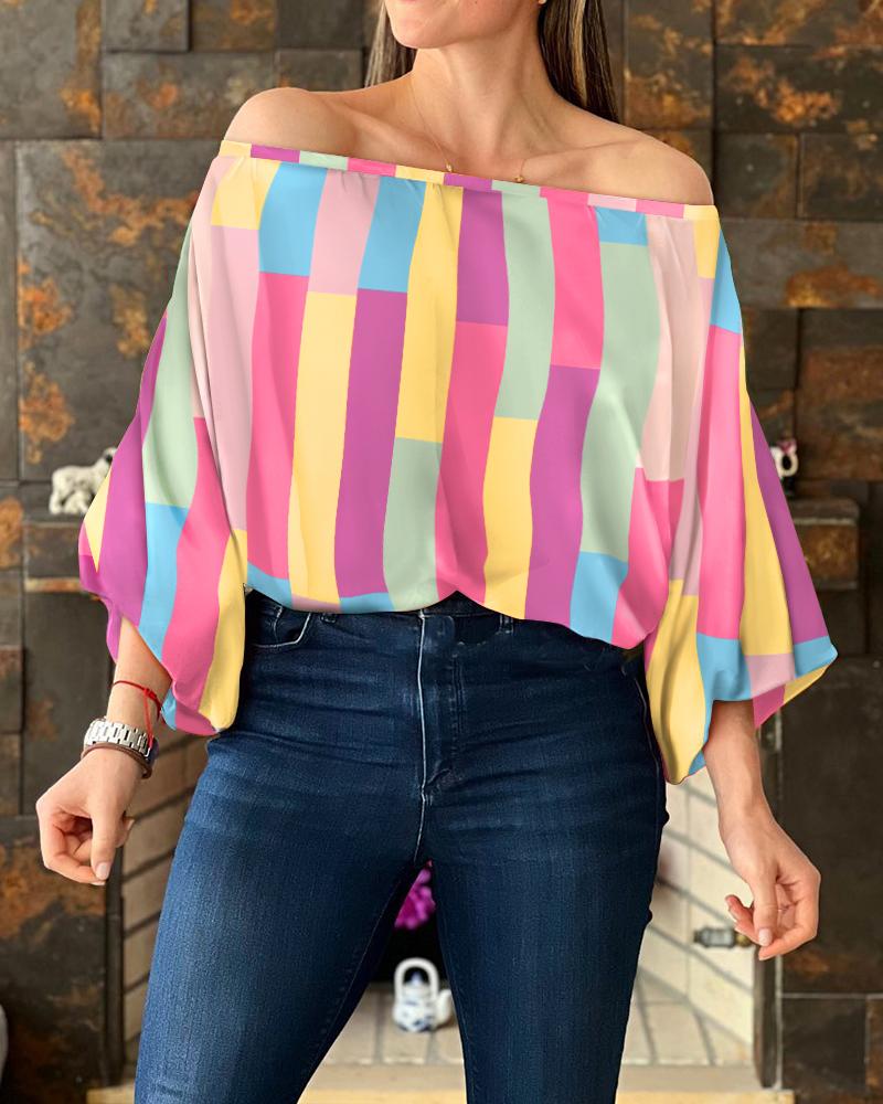

Geometric Print Off Shoulder Lantern Sleeve Top, Multicolor