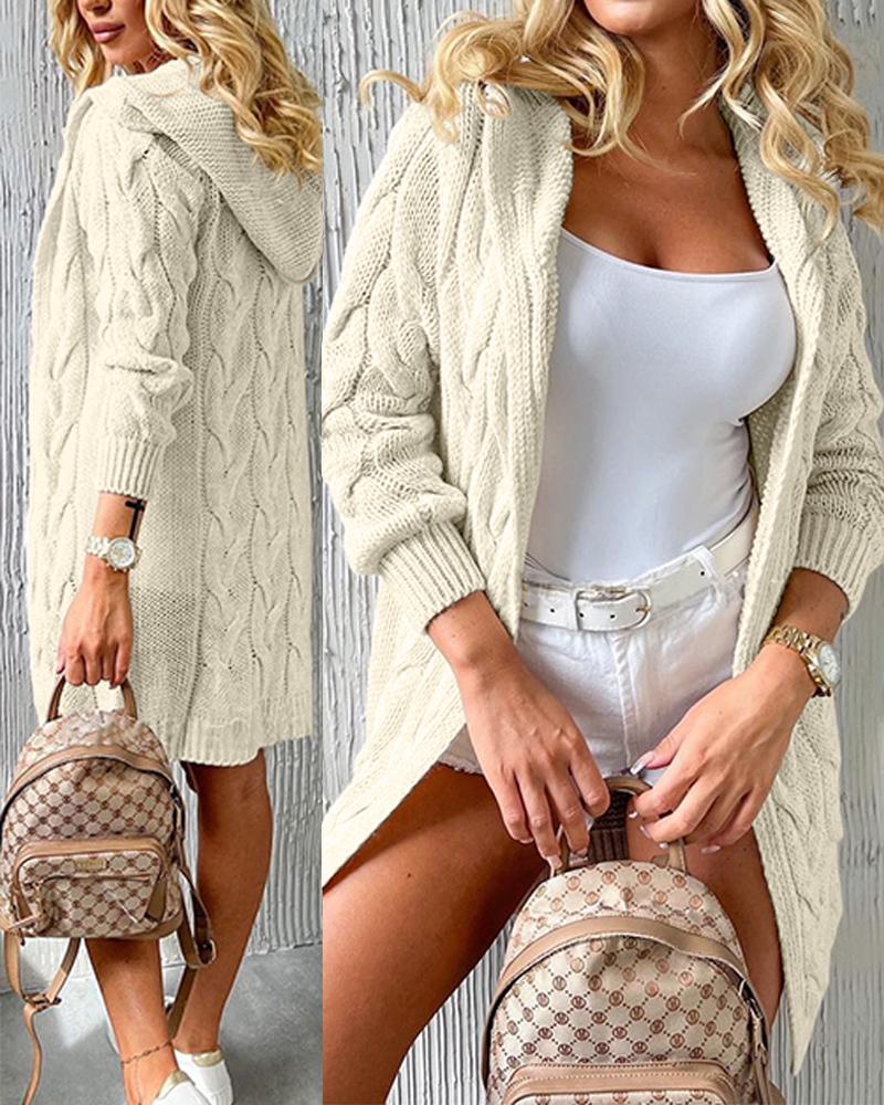 

Long Sleeve Braided Knit Hooded Cardigan, Apricot