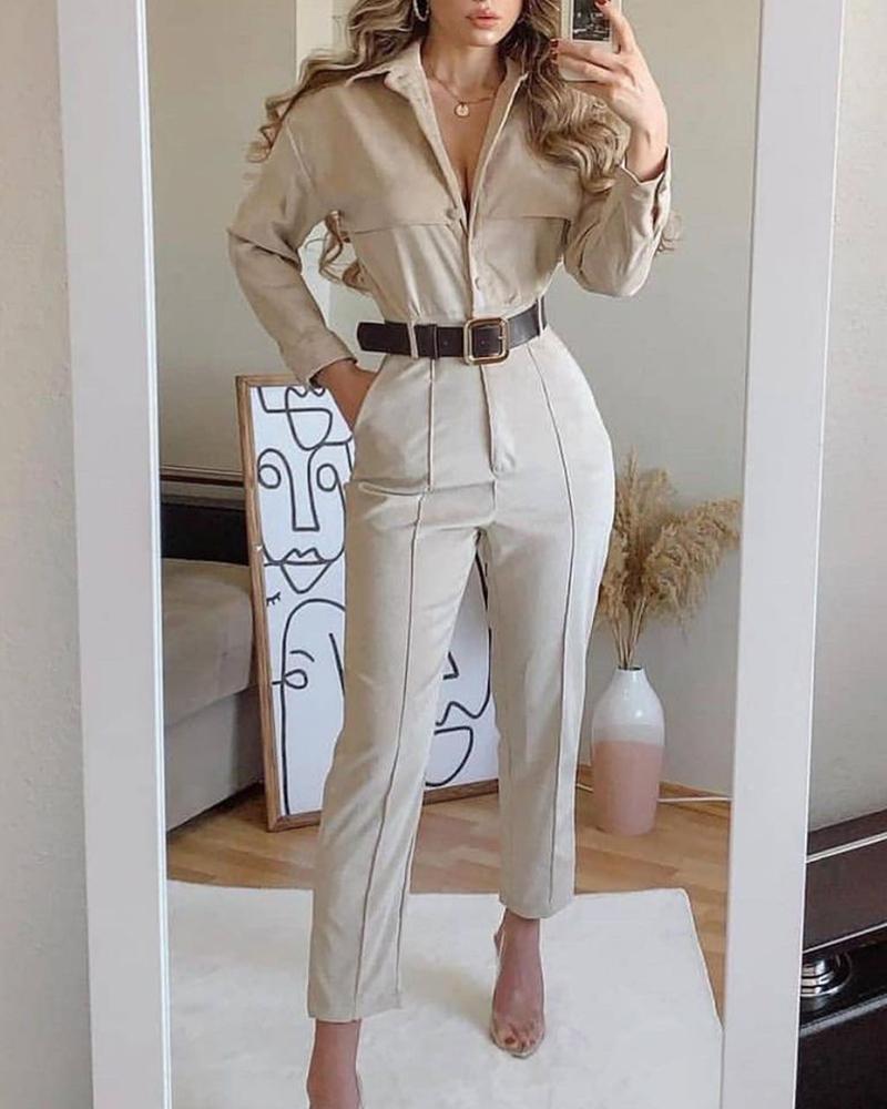 

Long Sleeve Buttoned Shirt Jumpsuit, Khaki
