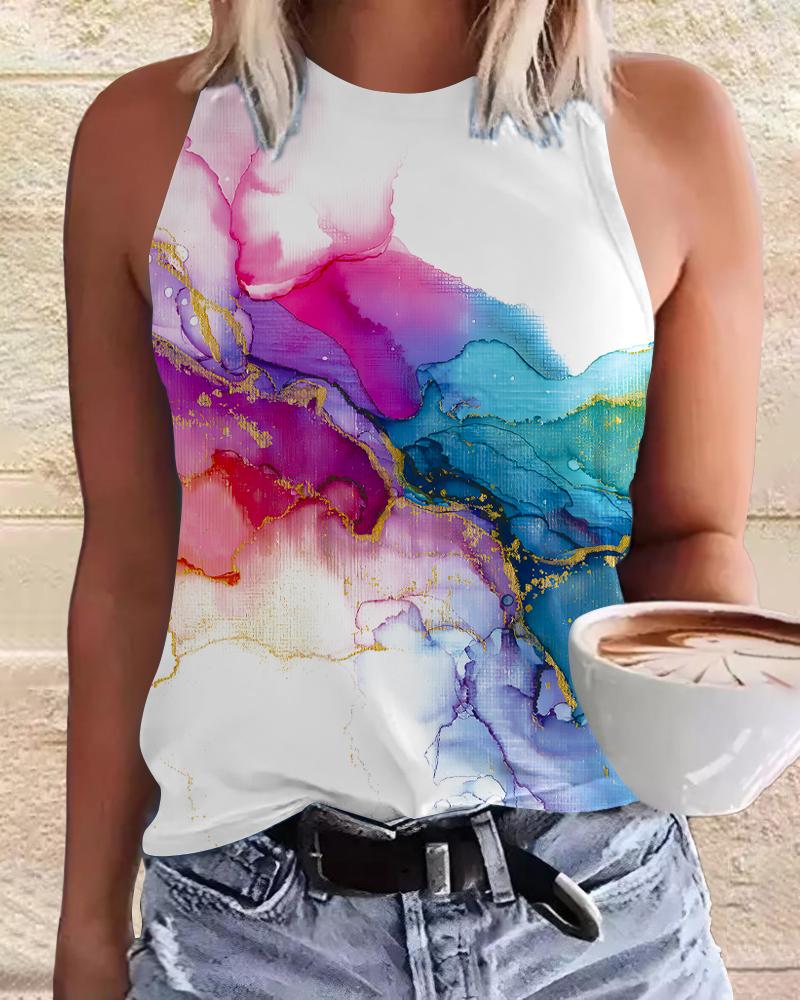 Plus Size Marble Print Crew Neck Casual Tank Top