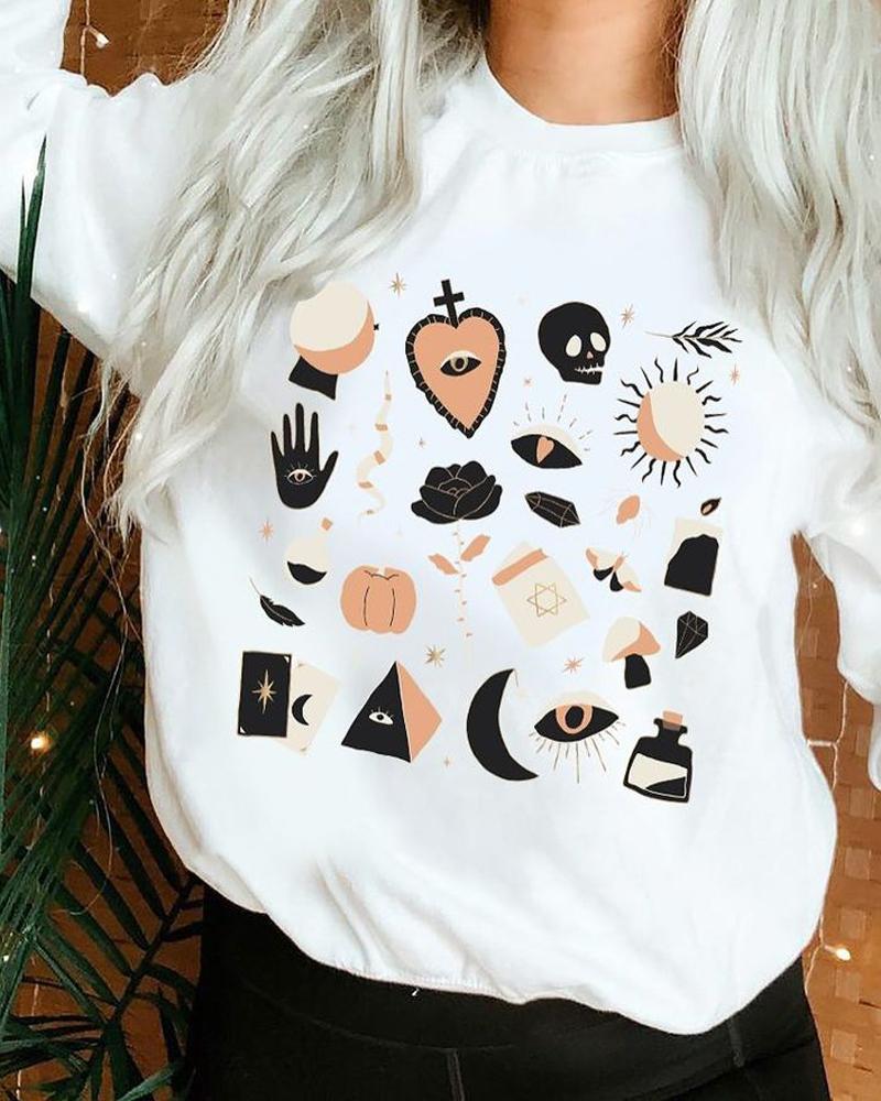 

Halloween Graphic Print Long Sleeve Sweatshirt, White