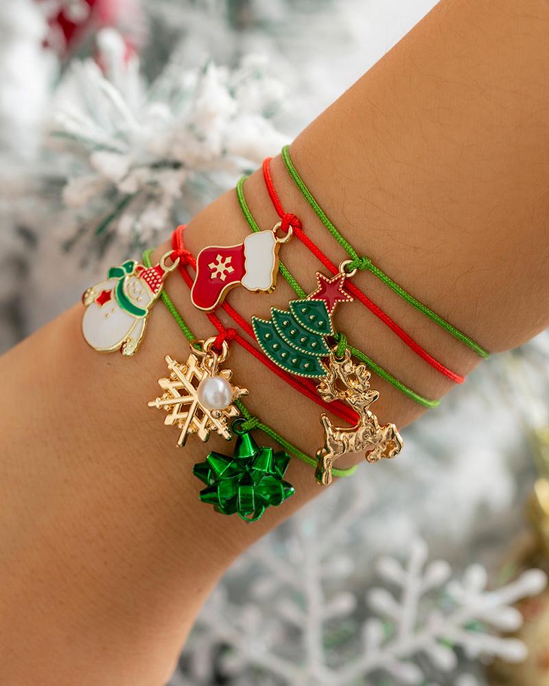 

6pcs Christmas Snowflake Tree Elk Snowman Pendant Bracelet Set, Red