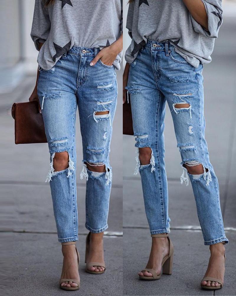 Buy Ripped Cutout High Waist Button Design Jeans. Picture