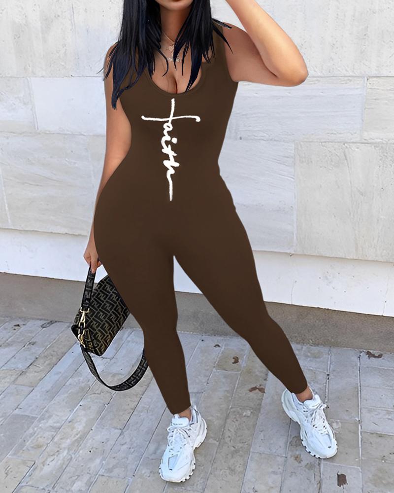 

Faith Print U-Neck Sleeveless Skinny Jumpsuit, Coffee