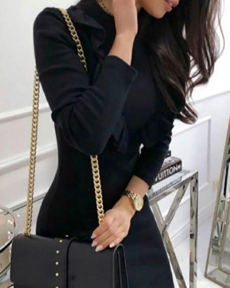 

Frill Hem Long Sleeve Casual Dress, Black