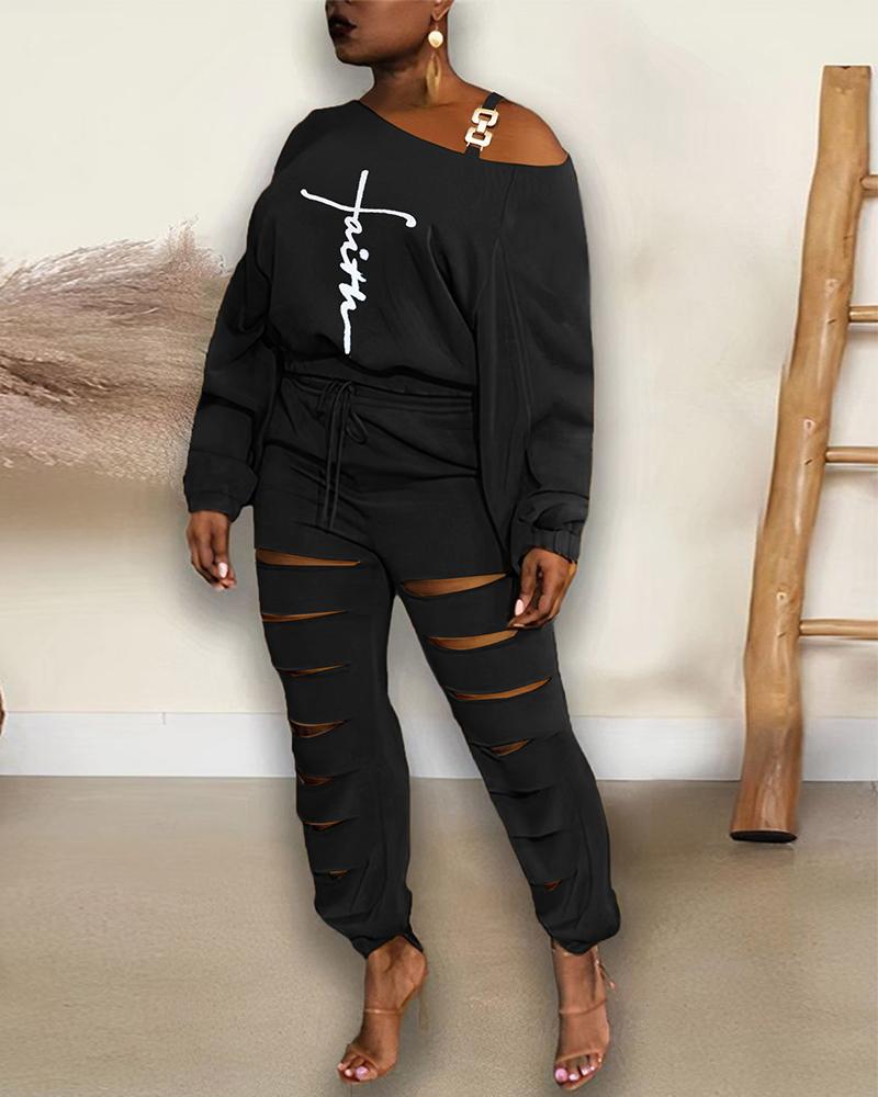 

Letter Print Cold Shoulder Top & Ladder Cutout Pants Set, Black