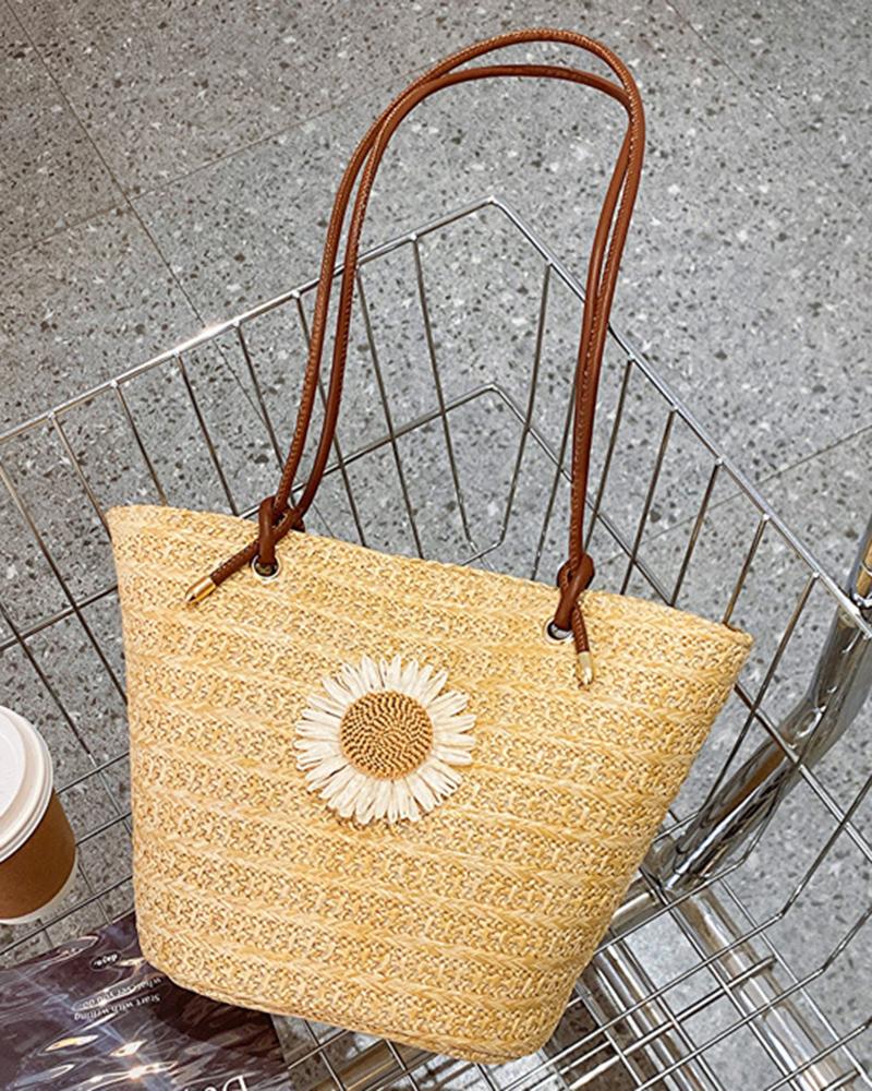 

Daisy Straw Beach Shoulder Bucket Bag, Brown