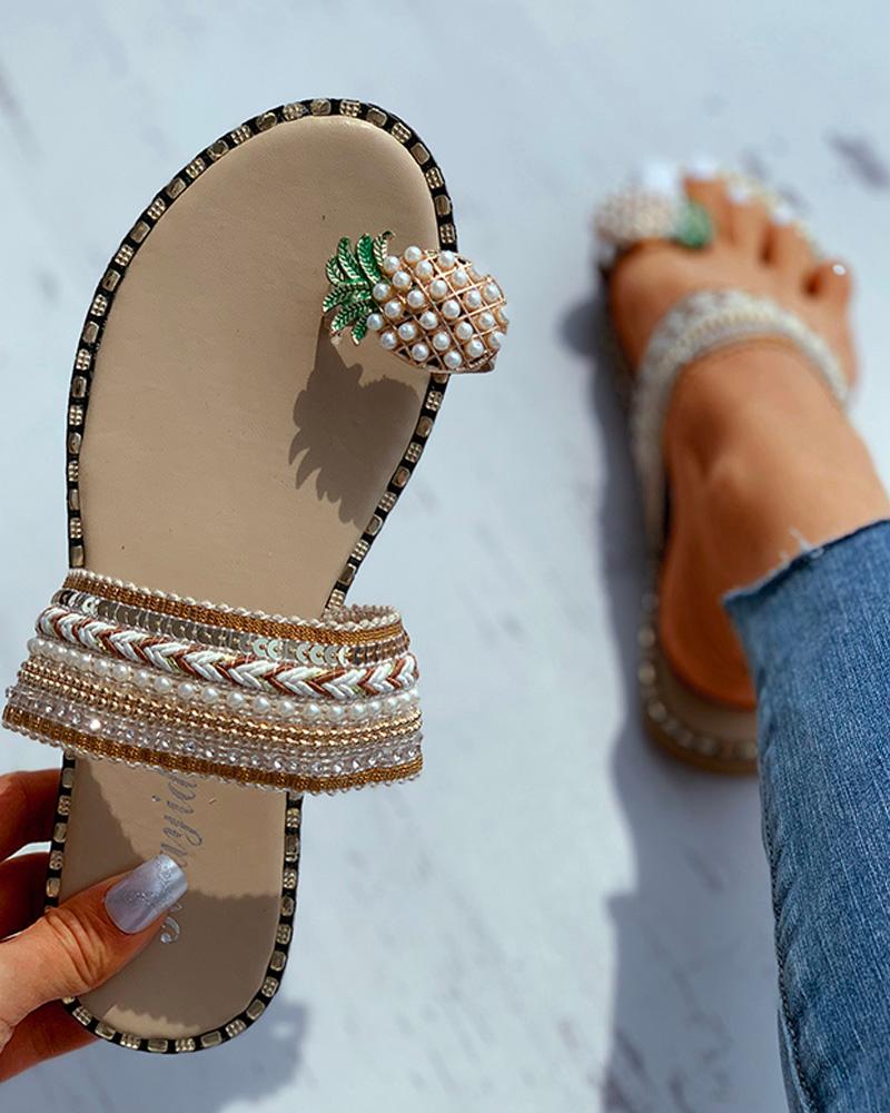 

Pineapple Pattern Toe Ring Flat Sandals, Beige