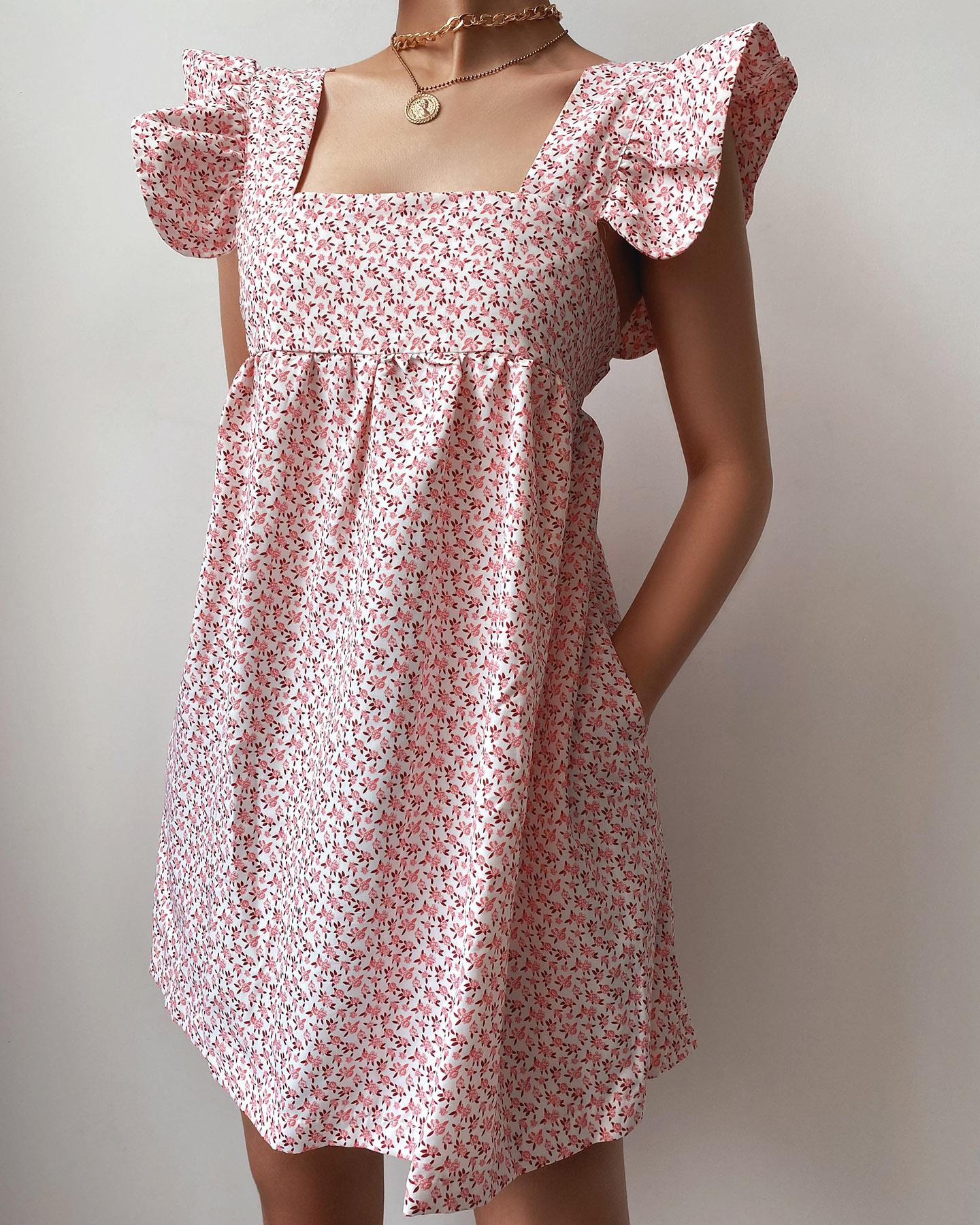 

Floral Print Square Neck Ruffles Dress, Red