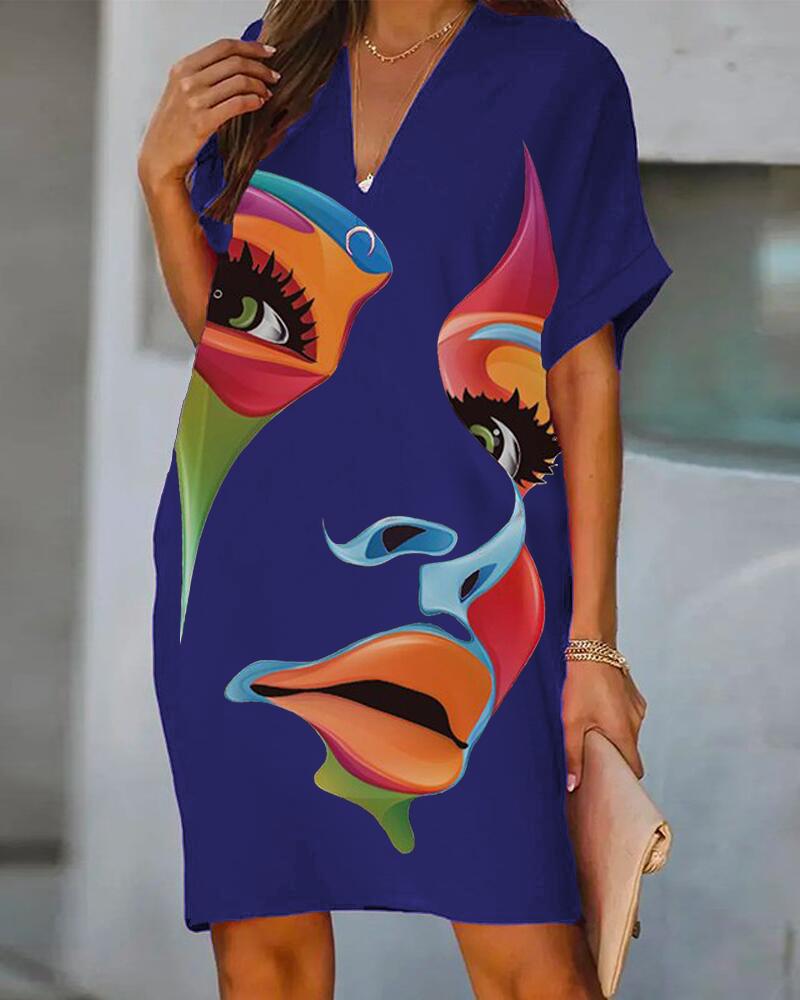 

Abstract Figure Print Casual Dress, Blue