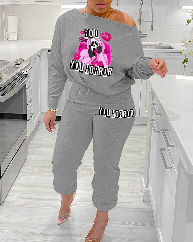 

Halloween Boo You Horror Lip Graphic Print Top & Drawstring Cuffed Pants Set, Gray