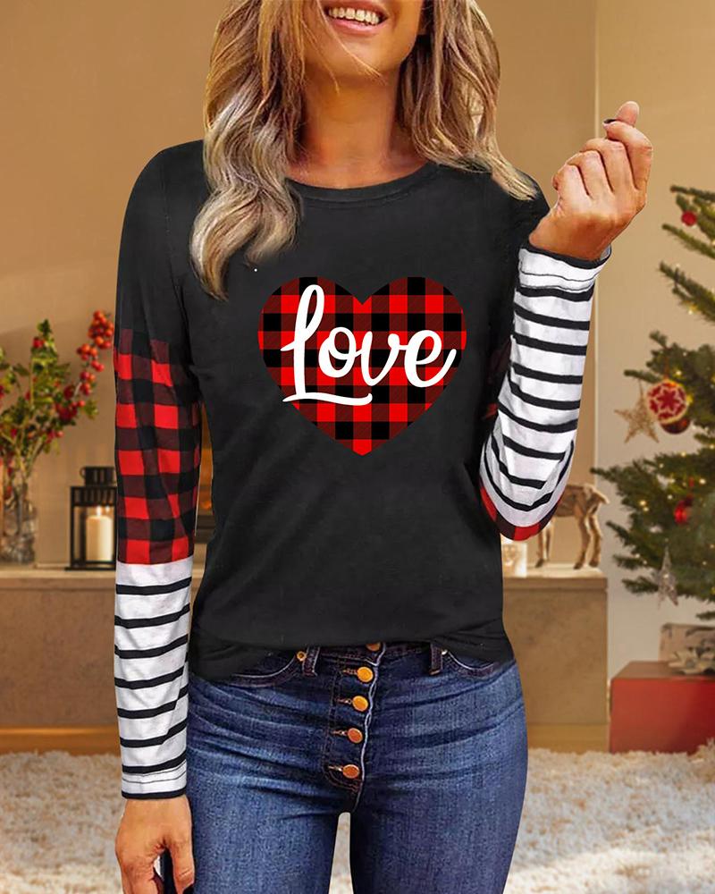 

Valentine' Day Long Sleeve Striped Plaid Heart Print Top, Style1