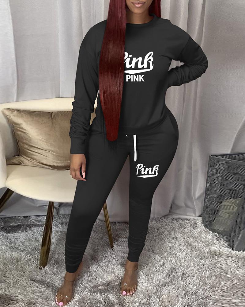 

Letter Print Long Sleeve Top & Drawstring Pants Set, Black
