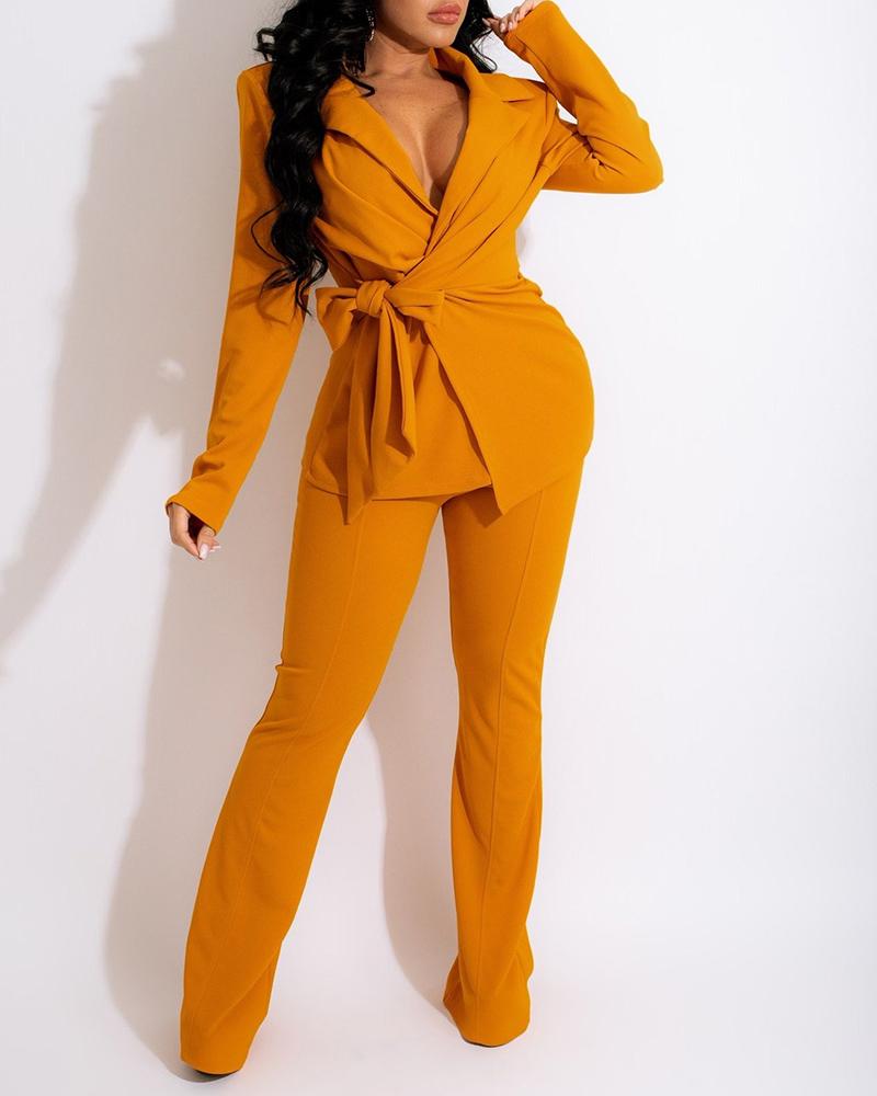 

Long Sleeve Tied Detail Blazer Coat & High Waist Pants Set, Yellow