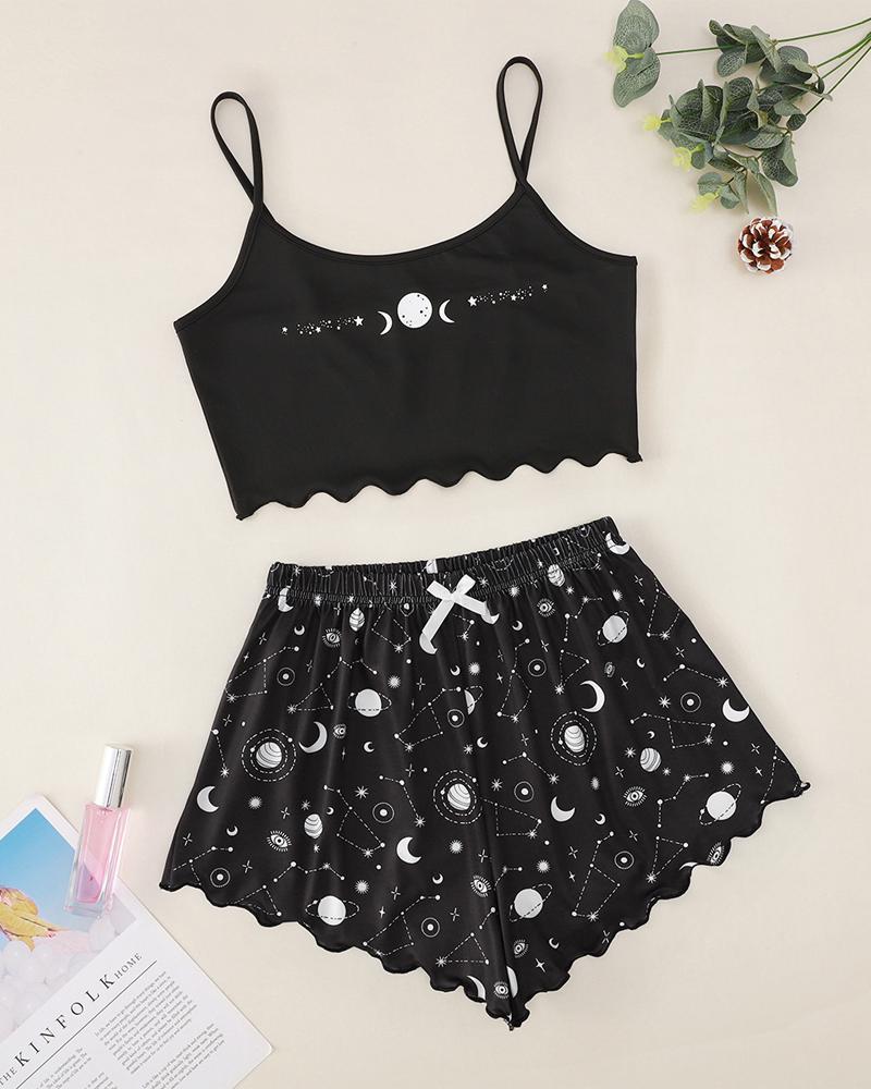 

Galaxy Print Bow Decor Cami Set, Black