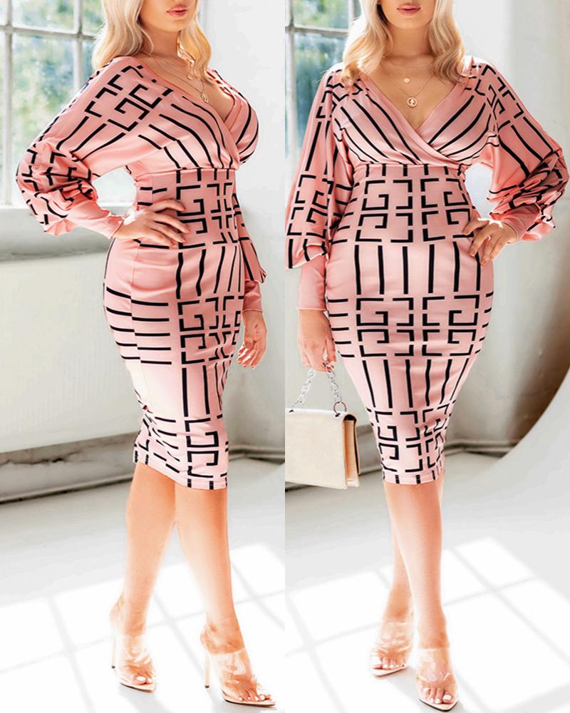 

Printing Long Sleeve Wrap Dress, Brown