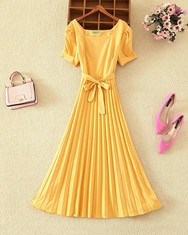 

Solid Short Sleeve Lace-up Waist Midi Dress, Yellow